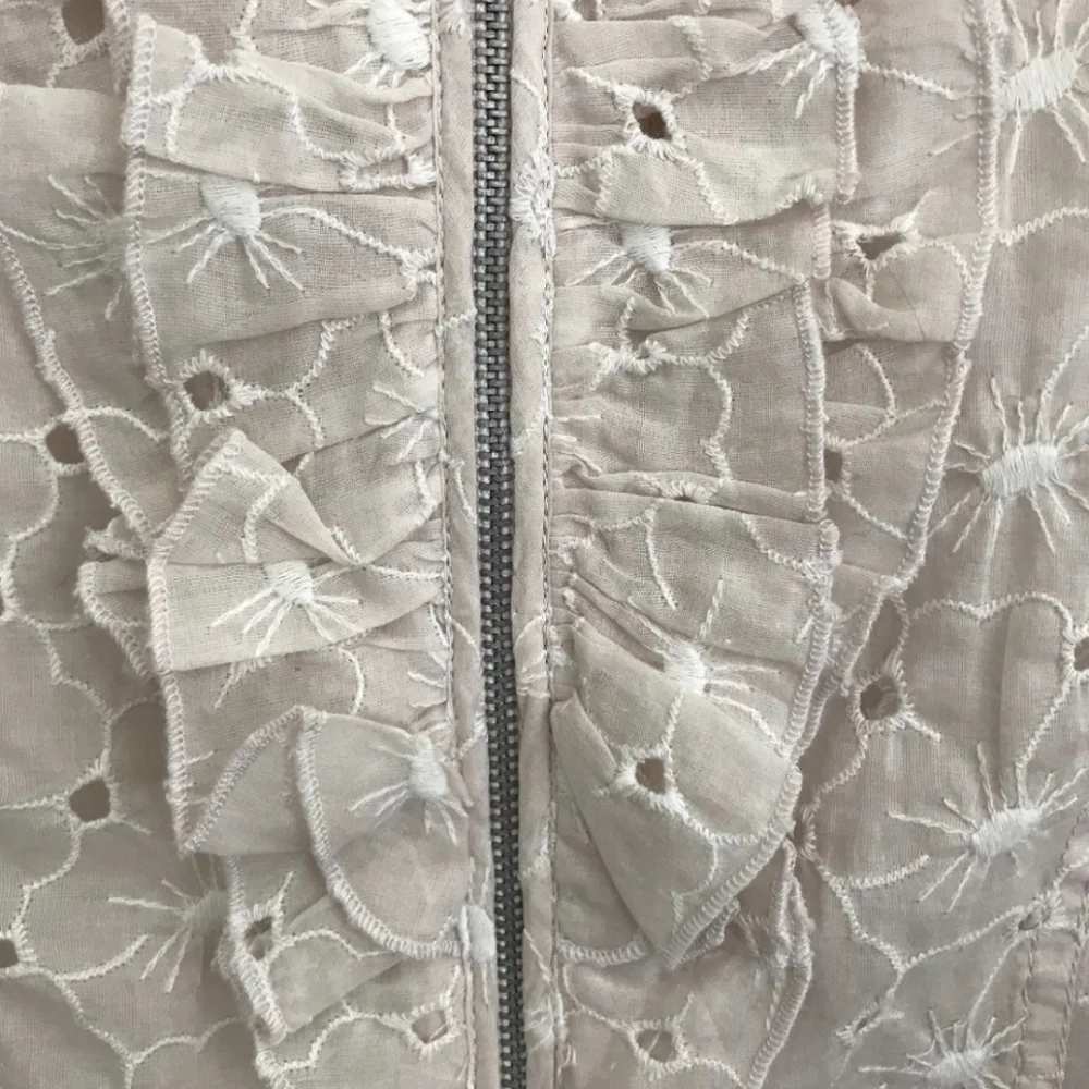 Anthropologie Cream Eyelet Ruffle Zip-Front Blouse